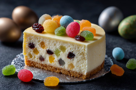 Cheesecake with marmalade and candies on dark backgroundの素材