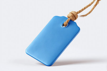 Blank blue price tag with rope on white background. 3d illustrationの素材