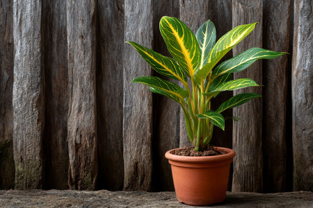 Green plant in pot on wooden background. Gardening and planting concept.の素材