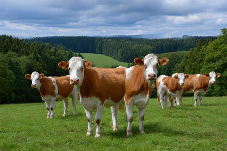 Herd of cows on a green meadow in the Czech Republicの素材
