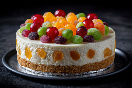 Cheesecake with marmalade and candied fruits on dark backgroundの素材
