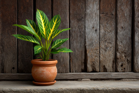 Plant in clay pot on wood background with space for text.の素材