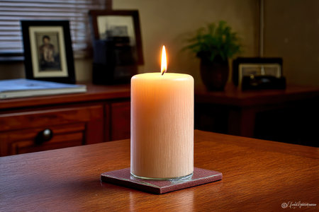 Burning candle on a wooden table in a room with a picture in the backgroundの素材