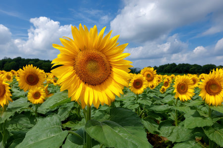 Sunflower field with cloudy blue sky on a sunny summer day.の素材