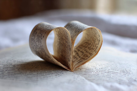 Heart shaped book pages on a bed in the morning. Selective focus.の素材