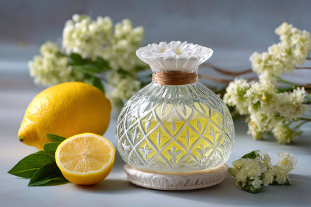 Bottle of lemonade with lemon and flowers on a light backgroundの素材