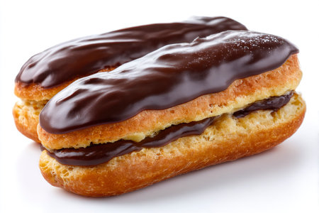 Chocolate eclairs on white background, close-up.の素材