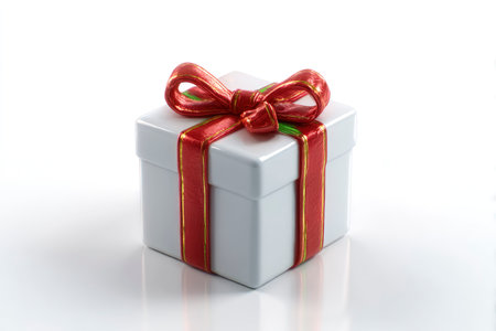 White gift box with red ribbon bow isolated on white background, clipping path includedの素材