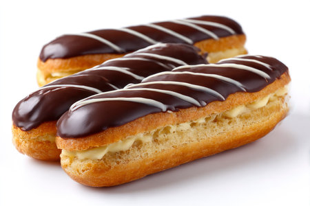 Delicious eclairs with chocolate icing on a white background.の素材