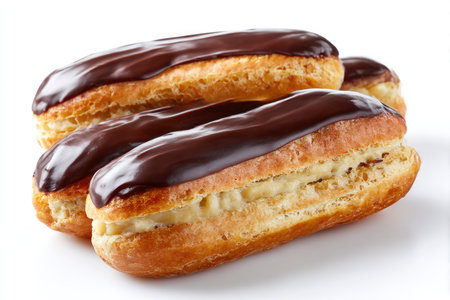 Delicious eclairs with chocolate icing on a white background.の素材