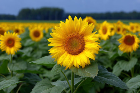 Sunflower field in summer. Sunflower blooming in the field.の素材