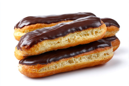 Chocolate eclairs isolated on white background, clipping path includedの素材