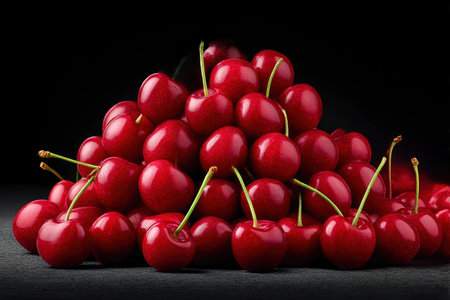 Ripe red cherries on a black background. Studio photography.の素材