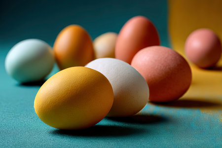 colorful easter eggs on a turquoise background close upの素材