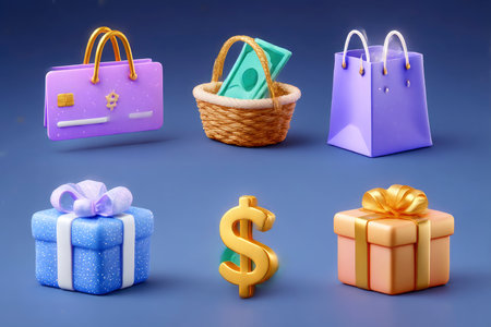 Shopping bags and gift boxes on blue background. 3d illustrationの素材