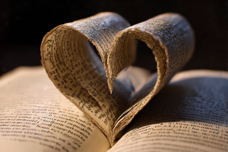 Old book in the shape of a heart on a dark background.の素材