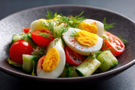 Salad with boiled eggs, cucumber, tomato and dillの素材