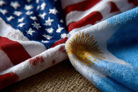 Close up of United States of America flag on burlap background.の素材