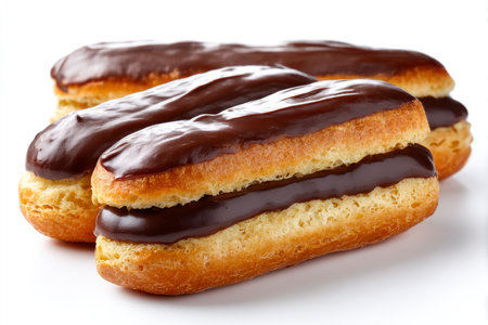 Chocolate eclairs isolated on white background, clipping path includedの素材