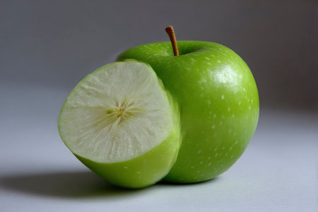 Green apple and half of apple on white background. Close up.の素材