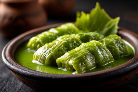 Stuffed pasta with spinach and cream sauce on a black background.の素材
