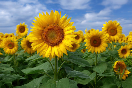 Sunflower field over cloudy blue sky. Sunflower natural background.の素材