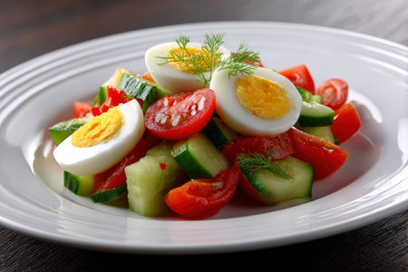 Salad with cucumber, tomato, egg and dill on plateの素材