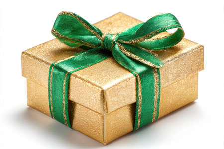 Gold gift box with green bow isolated on white background, clipping path includedの素材