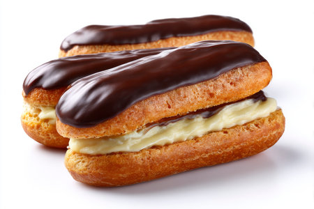 Eclairs with chocolate glaze on white background, close upの素材