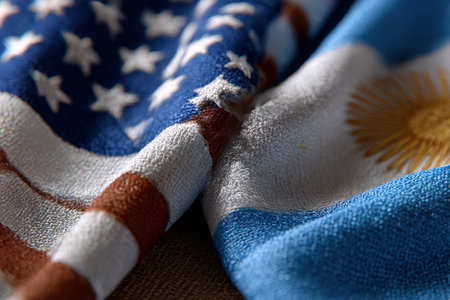 Closeup detail of an American flag on a linen cloth with a blurred background.の素材