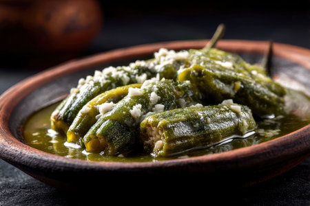 Baked okra with feta cheese in clay bowl, selective focusの素材