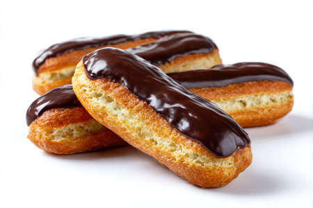 Chocolate eclairs isolated on white background. Close up.の素材
