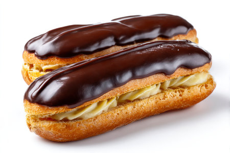 Chocolate eclairs on a white background, close-upの素材