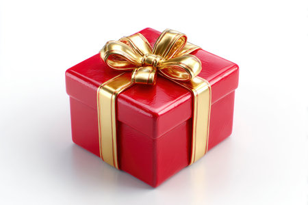 Red gift box with golden ribbon isolated on white background, clipping path includedの素材
