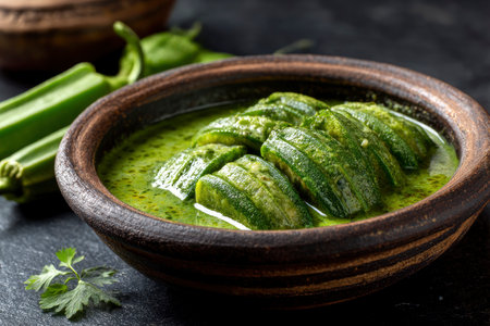 Zucchini sauce in a rustic bowl on a black backgroundの素材