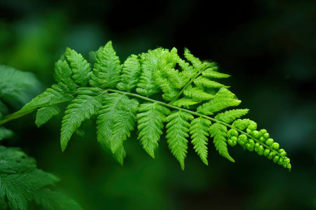 Green fern leaves on dark background, closeup. Nature backgroundの素材