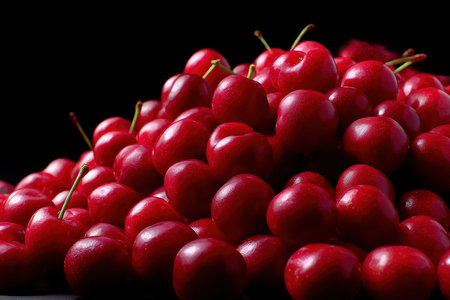 Cherries on a black background, close-up, macroの素材