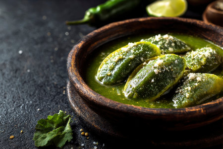 Traditional mexican green chilli sauce in bowl on black backgroundの素材