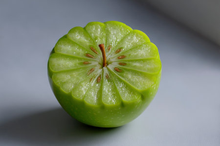 Close-up of a green star apple on a white background.の素材