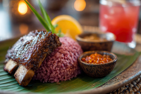 Rice with red caviar and grilled pork ribs served on a plateの素材
