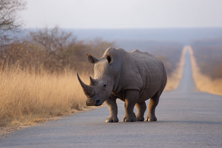 White rhinoceros (Ceratotherium simum) walking on the roadの素材