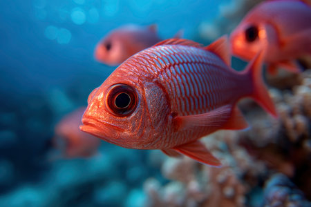 A closeup shot of a red fish swimming on a coral reefの素材