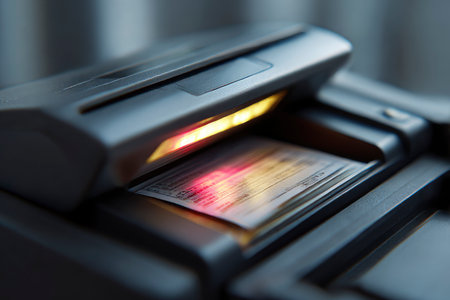 Close-up of an electronic book reader with a red light.の素材