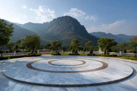 white marble square in public park with mountain view background, Thailand.の素材
