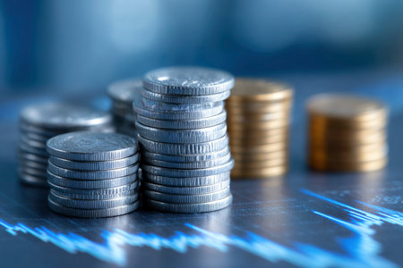 Stacks of coins on blue background, business and finance concept.の素材