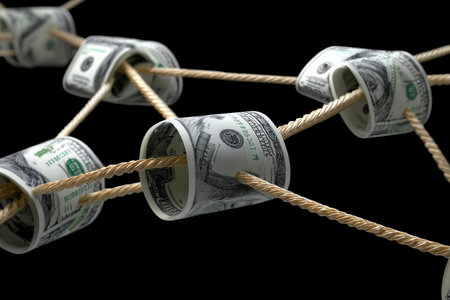 Dollars tied to rope on a black background. 3d illustrationの素材