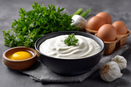 Bowl of mayonnaise with ingredients for cooking on grey backgroundの素材