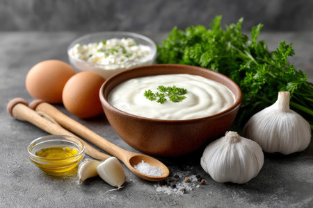 Bowl with sour cream, garlic, eggs and herbs on tableの素材
