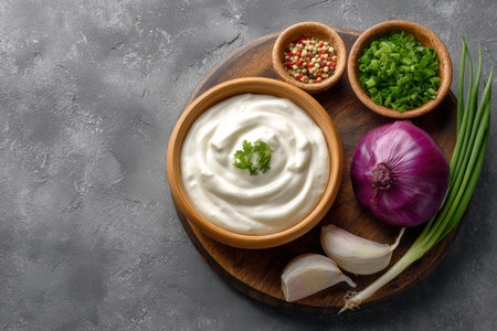 Bowl with tasty sour cream and ingredients for cooking on grey backgroundの素材