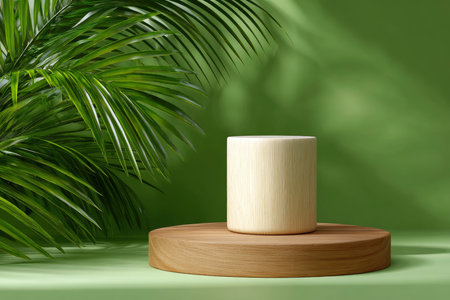 Wooden podium on green background with palm leaves. 3d renderの素材